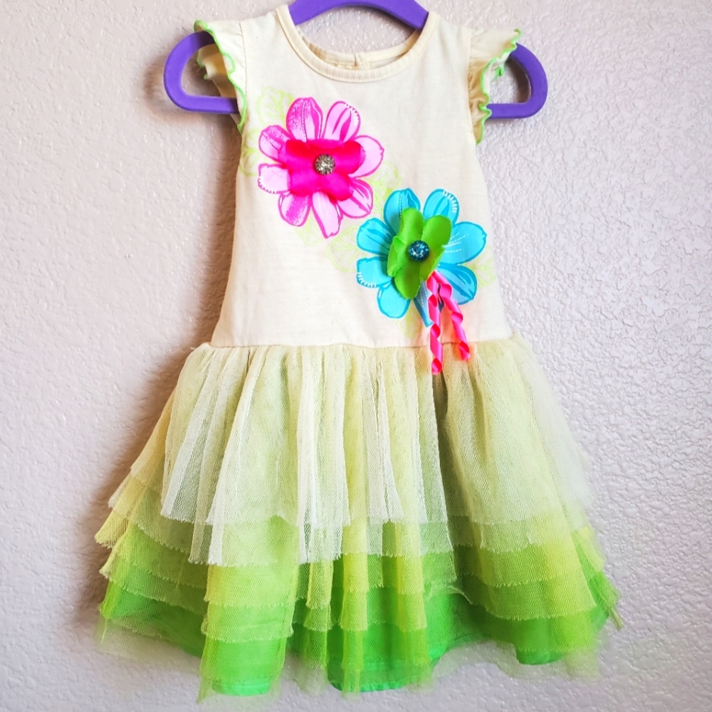 Floral Applique Layered Tulle Toddler Dress